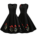 Pikkukuva 3 / 5: Kirjailtu V-aukkoinen vintage 50-luvun 60-luvun Rockabilly Iltapuku Swing Mekko Midimekko L