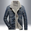 Miniatyrbilde 1 av 4: Herre Vinter Denimjakke Slim Fit Fleece Fritidsjakke Revers Tykk Varm Yttertøy Dark Blue 3XL