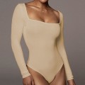 Miniatyrbillede 2 af 5: Langærmet bodysuit til kvinder, langærmet, sexet bodysuit med firkantet hals og thong til afslappet hverdagsbrug og hjemmebrug Apricot L