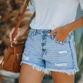 Miniatyrbillede 1 af 5: Dame Knap Høj Talje Kvaster Denim Shorts Flået Flosset Sommer Kort Hot Pants S