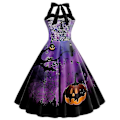 Miniatyrbillede 2 af 4: Halloween Dame Græskar Flagermus Spøgelse Skelet Print Ærmeløs Rund Hals Afslappet Kant Kjole COLOR 7 XL