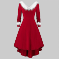 Miniatyrbillede 3 af 5: Dame Jul Langærmet Plys Høj og Lav Dyb V Off-shoulder Stor Swing Kjole Red L
