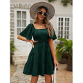 Miniatyrbilde 2 av 4: Dame 2023 Sommer Cutout Mini Kjoler Kortermet Firkantet Hals Kryssende Midjekjole Dark green L