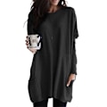 Miniatyrbillede 1 af 2: Dame Ensfarvet Langærmet Oversize Rund Hals T-shirt Kjole Løs Tunika Lange Toppe Plus Størrelse Black M