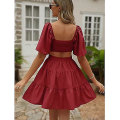 Miniatyrbilde 3 av 4: Dame 2023 Sommer Cutout Mini Kjoler Kortermet Firkantet Hals Kryssende Midjekjole Red S