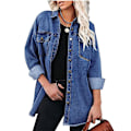 Miniatyrbilde 1 av 3: Oversized denimjakke for kvinner, avslappet lang boyfriend-modell, slitt jeansjakke, høst vår Dark Blue S
