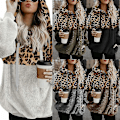Miniatyrbillede 2 af 5: Hættetrøje til kvinder Leopard Print Plys Sweatshirt med lommer Snørehætte Red Khaki 4XL
