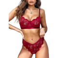Miniatyrbilde 1 av 4: Dame Sexy Gjennomsiktig Blondeundertøysett BH Høy Midje String Undertøy Nattøy Wine Red 3XL