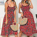 Miniatyrbild 4 av 4: Dam Sommar Prickig Midi Klänning Semester Bälte Strand Gunga Lös Sundress Red L