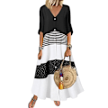 Miniatyrbillede 1 af 2: Plus Size Dame Halværme Stribet V-Hals Maxi Knap Kjole Løs Lang Kaftan Black L
