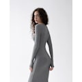 Miniatyrbillede 3 af 4: Kvinders firkantet hals langærmet maxikjole blød lounge ribstrikket bodycon kjole til kvinder Stone XS Stone xs