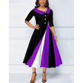 Miniatyrbillede 3 af 5: Elegant patchwork cocktailkjole til damer med knap, knælang swingkjole, velegnet til kvinders afslappede hverdag Purple XL
