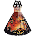 Miniatyrbillede 2 af 4: Halloween Dame Græskar Flagermus Spøgelse Skelet Print Ærmeløs Rund Hals Afslappet Kant Kjole COLOR 3 M