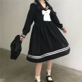 Miniatyrbild 4 av 4: Svart Lolita-klänning Kvinnor Rosett Patchwork Lös Japansk Preppy Stil Sjömanskrage Kawaii Långärmad Klänning Jk Flickkläder XXL Black