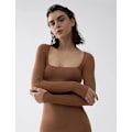 Miniatyrbillede 3 af 5: Kvinders firkantet hals langærmet maxikjole blød lounge ribstrikket bodycon kjole til kvinder karamel M Caramel m