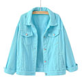 Miniatyrbillede 3 af 3: Dame Forår og Efterår Frakker Varm Ensfarvet Langærmet Denim Jakke Overtøj Sky Blue XXXL