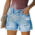 Miniatyrbild 1 av 5: Kvinnor Hög Midja Denim Shorts Multi Button Destroyed Hot Pants Sommar Semester Korta Byxor M