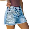 Miniatyrbild 2 av 5: Kvinnor Hög Midja Denim Shorts Multi Button Destroyed Hot Pants Sommar Semester Korta Byxor S