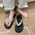Miniatyrbild 4 av 4: Flip-flops med strass för dam, mellanhög plattform, bling, bekväma flip-flops för strandbröllop sommar Flip Flops Black 36-37