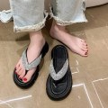Miniatyrbild 5 av 5: Flip-flops med strass för dam, mellanhög plattform, bling, bekväma flip-flops för strandbröllop sommar Flip Flops Black 38-39