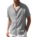 Miniatyrbilde 1 av 3: Herre Ensfarget Revers Kort Erm Knapp Skjorte Sommer Casual Løs V-hals Topper Grey M