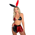 Miniatyrbillede 1 af 5: Kvinder Holografisk Skinnende Rave Outfits Metallisk Wetlook Pvc Læder Kæde BH Top Flare Mini Nederdel Hårbøjle Kanin Kostume Festival Clubwear Black red M