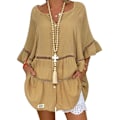 Miniatyrbilde 1 av 5: Dame Bomull Lin Hul Ut Ruffle Pullover Tunika Topper Bluse Skjorte Pluss Størrelse Khaki S
