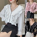 Miniatyrbilde 2 av 5: Dame Skjorte Bluse Topp Lang Utsvingt Erme Rynke Volang V-hals Casual Prinsesse-3 Black M(UK 8)