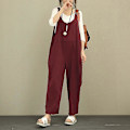 Miniatyrbild 2 av 4: Dam Casual Solid Jumpsuit Lös Baggy Linnebyxor Playsuit Overaller Romper Wine Red M