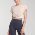 Miniatyrbilde 4 av 5: Sommer Crop Sports Topp for Kvinner, Ensfarget Kort Erme Twist Front T-skjorte For Casual Stil, Sport og Hjemmebruk Peony Powder L