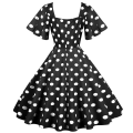 Miniatyrbilde 3 av 5: Retro reiseinspirert damekjole med bølget kant, korte ermer og prikkemønster, midilang Black XL