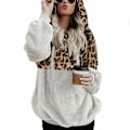 Miniatyrbillede 4 af 5: Hættetrøje til kvinder Leopard Print Plys Sweatshirt med lommer Snørehætte Red Khaki 4XL