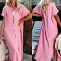 Miniatyrbilde 2 av 2: Casual cardigan med korte ermer, sidesplitt og knapper for kvinner, kan brukes som strandkjole Pink S