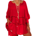 Miniatyrbilde 1 av 5: Dame Bomull Lin Hul Ut Ruffle Pullover Tunika Topper Bluse Skjorte Pluss Størrelse Red M
