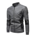 Miniatyrbild 2 av 4: Herr Patchwork Ståkrage Läder Bikerjacka Slim Fit Casual Dragkedja Kappa Ytterkläder Gray 3XL