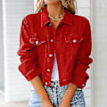 Miniatyrbillede 1 af 5: Dame Solid Denim Jakke Langærmet Ming Cardigan Suit Lomme Frakke Top Red M