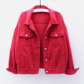 Miniatyrbild 1 av 4: Dam Vår och Höst Jackor Varm Enfärgad Långärmad Jeansjacka Ytterkläder Red XXL