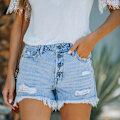 Miniatyrbild 3 av 5: Dam Knapp Hög Midja Tofs Denimshorts Trasiga Fållade Sommarshorts Hotpants M