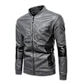 Miniatyrbild 1 av 3: Herr Patchwork Ståkrage Läder Bikerjacka Slim Fit Casual Dragkedja Kappa Ytterkläder Gray 2XL