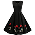 Pikkukuva 1 / 5: Kirjailtu V-aukkoinen vintage 50-luvun 60-luvun Rockabilly Iltapuku Swing Mekko Midimekko M