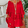 Miniatyrbilde 3 av 5: Dame Bomull Lin Hul Ut Ruffle Pullover Tunika Topper Bluse Skjorte Pluss Størrelse Red 4XL