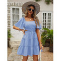 Miniatyrbilde 2 av 4: Dame 2023 Sommer Cutout Mini Kjoler Kortermet Firkantet Hals Kryssende Midjekjole Blue XL