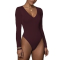 Miniatyrbild 1 av 3: Dam V-ringad Långärmad Basic Topp Body Leotard Wine Red S