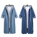Miniatyrbilde 5 av 5: Dame Baggy Denimjakker Langermet Snøring Trenchcoat Høst Hettegensere Overfrakker Deep Blue XL