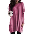 Miniatyrbillede 1 af 2: Dame Ensfarvet Langærmet Oversize Rund Hals T-shirt Kjole Løs Tunika Lange Toppe Plus Størrelse Red 4XL