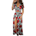 Miniatyrbillede 1 af 2: Dame V-hals Ferie Nederdel Sæt Print Crop Top Og Nederdele 2-delt Sæt Høj Talje Dragt Red Stripes XL