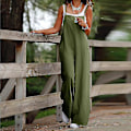 Miniatyrbillede 2 af 4: Plus Size Dame Bomuld Hør Dungarees Jumpsuit Playsuit Bred Ben Overalls Bukser Army Green M