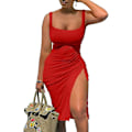 Miniatyrbillede 1 af 5: Dame Sommer Ærmeløs Side Slids Bodycon Rynket Midi Tank S-2xl X Style1 M