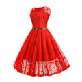 Miniatyrbild 3 av 5: Dam Klänning Spets Retro Rockabilly Midi 50-tals 60-tals Kväll Fest Swing Sommarklänning Red XL