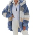 Miniatyrbilde 1 av 3: Dame Fargeblokk Langermet Hette Teddybjørn Fleecejakke Vinter Varm Frakk Blue 5XL